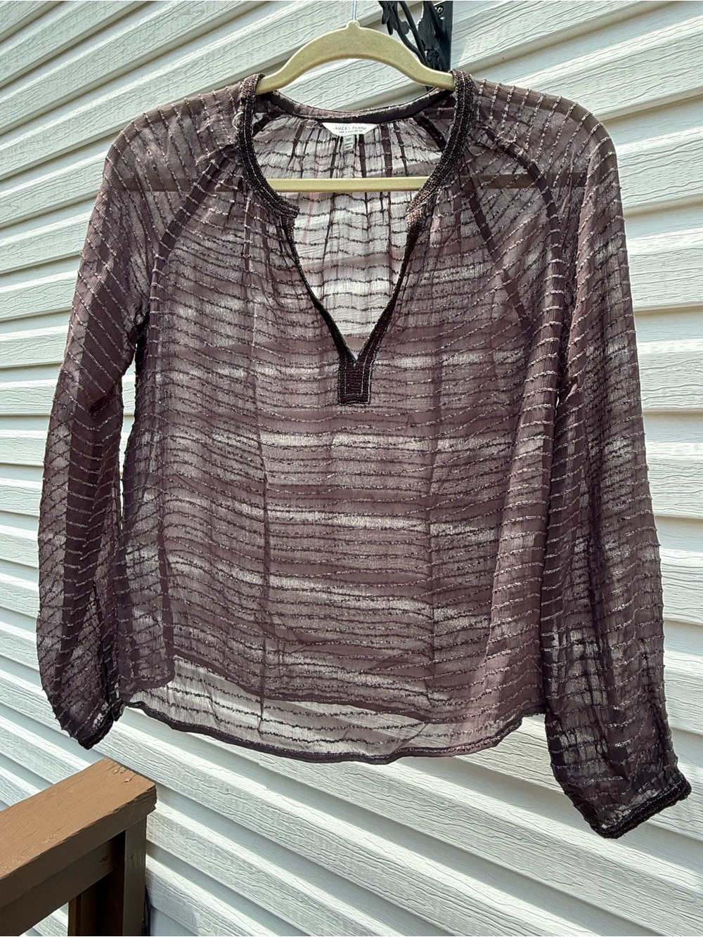 Lucky Brand Brown Striped Long-Sleeve Split V-Neck Tunic